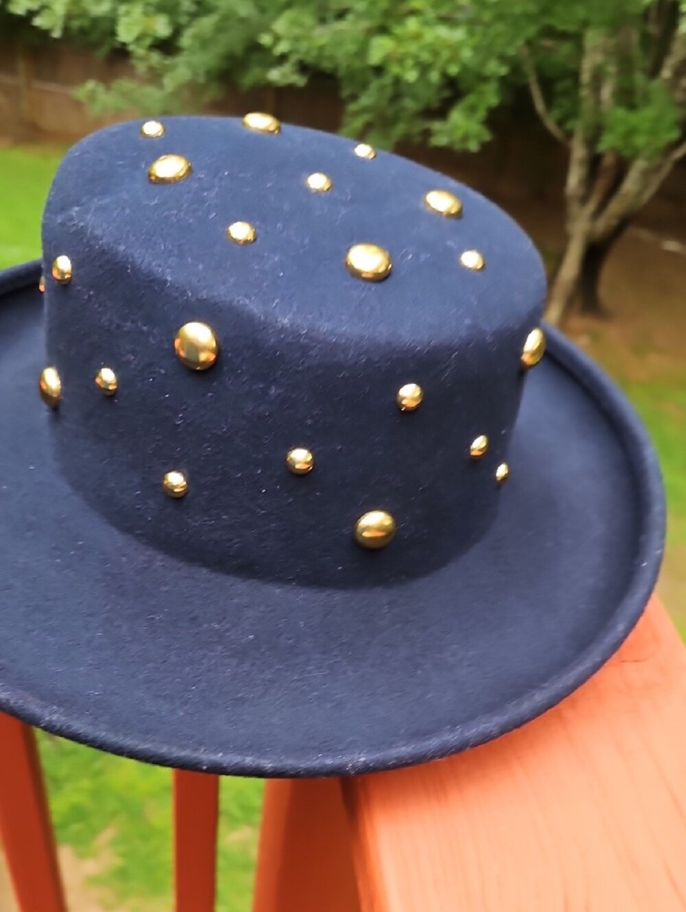 Vintage Betmar New York 100% Wool Gold-Studs Navy Felt Wide-Brim Hat